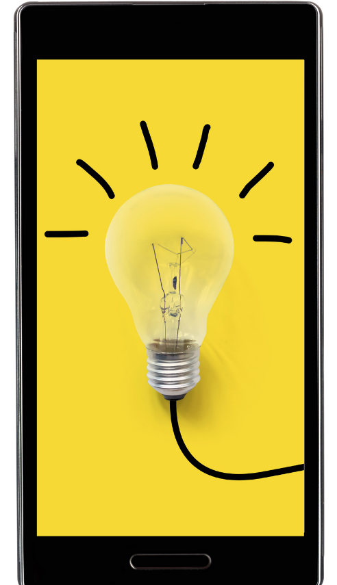 Smartphone wyświetlający na ekranie żarówkę na żółtym tle. 